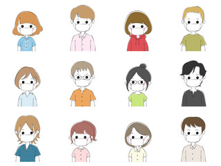 マスクをした12種類の若い男女セット　白背景
