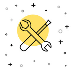 Black line Screwdriver and wrench spanner tools icon isolated on white background. Service tool symbol. Random dynamic shapes. Vector Illustration.