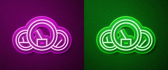 Glowing neon line Speedometer icon isolated on purple and green background. Vector Illustration.