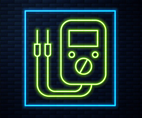 Glowing neon line Ampere meter, multimeter, voltmeter icon isolated on brick wall background. Instruments for measurement of electric current. Vector Illustration.