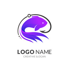 Fish and hook fishing logo design, modern logo style blue purple color