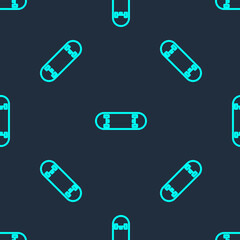 Green line Skateboard trick icon isolated seamless pattern on blue background. Extreme sport. Sport equipment. Vector Illustration.