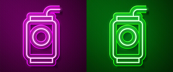 Glowing neon line Soda can with drinking straw icon isolated on purple and green background. Vector Illustration.