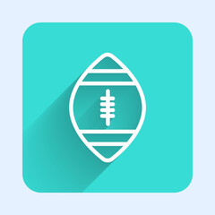 White line American Football ball icon isolated with long shadow. Rugby ball icon. Team sport game symbol. Green square button. Vector Illustration.
