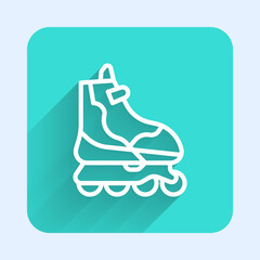 White line Roller skate icon isolated with long shadow. Green square button. Vector Illustration.