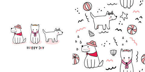 Cartoon cute summer funny dogs seamless pattern vector.