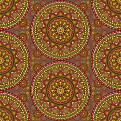 Seamless ornamental oriental pattern. Repeating boho festival tiles with mandala. Vector laced background with floral and geometric ornament. Indian or Arabic motive. 