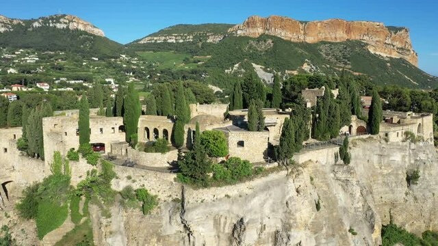 Aerial View of castle on top of a hill near the city center of Cassis