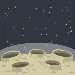 Moon. Lunar surface with craters and dust. Science and extraterrestrial landscape. Stars and space flight. Space planet orbiting the earth. Flat cartoon illustration