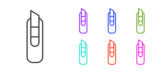 Black line Stationery knife icon isolated on white background. Office paper cutter. Set icons colorful. Vector Illustration.