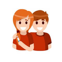 Pregnancy test. Young family. Happy Man and woman. Strip with result and two stripes. Husband embraces his wife. Flat cartoon illustration