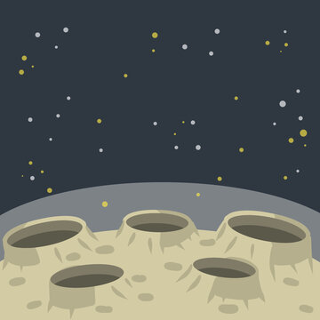 Moon. Lunar surface with craters and dust. Science and extraterrestrial landscape. Stars and space flight. Space planet orbiting the earth. Flat cartoon illustration