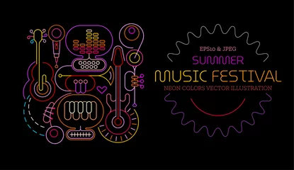 Tragetasche Neonfarben isoliert auf schwarzem Hintergrund Summer Music Festival Vector Poster Design. Farbige Silhouetten verschiedener Musikinstrumente, Ausrüstung und Text. ©  danjazzia