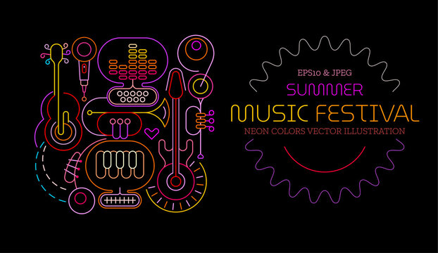 Neon colors isolated on a black background Summer Music Festival vector poster design. Colored silhouettes of different musical instruments, equipment and text.