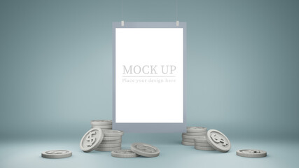 Text mock up on frame decor with silver coins.