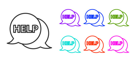 Black line Speech bubble with text Help icon isolated on white background. Set icons colorful. Vector Illustration.