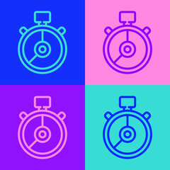 Pop art line Stopwatch icon isolated on color background. Time timer sign. Chronometer sign. Vector Illustration.