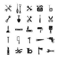repair tools icon set with hammer, wrench and screwdriver, drill, nails, cutter, painting roller, saw, tool box