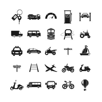 transport icon set with car, bus, plane, ship, motorcycle, taxi car