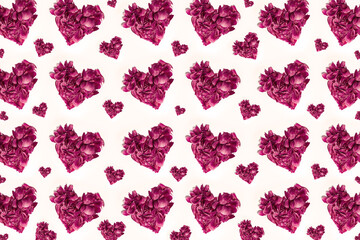 Colorful pattern of many flower petals in shape of pastel pink hearts isolated on white background.