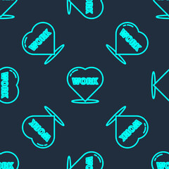 Green line Heart with text work icon isolated seamless pattern on blue background. Vector Illustration.