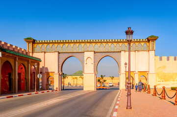 It's Bab Mansour Gate and El Hedime Place in Meknes, a city in Morocco which was founded in the 11th century by the Almoravids as a military settlement - obrazy, fototapety, plakaty