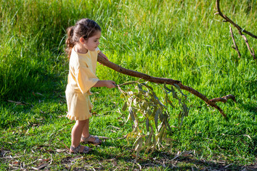 little girl plays with branches in the park