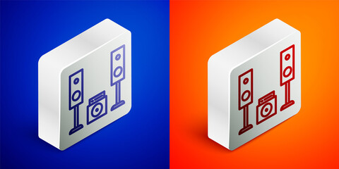 Isometric line Home stereo with two speaker s icon isolated on blue and orange background. Music system. Silver square button. Vector Illustration.
