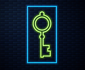 Glowing neon line Old key icon isolated on brick wall background. Vector Illustration.
