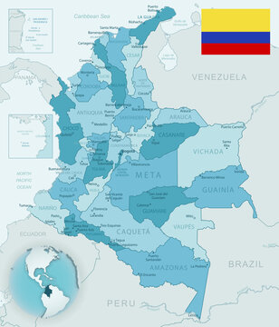 Blue-green detailed map of Colombia administrative divisions with country flag and location on the globe.