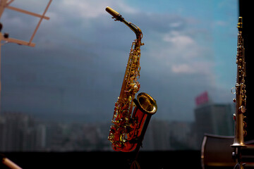 Obraz premium Saxophone on a stage. Brass instrument. Jazz concert. Saxophone.