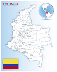 Obraz premium Detailed map of Colombia administrative divisions with country flag and location on the globe.