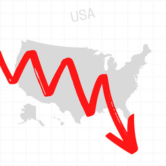 United States of America map with falling arrow. Financial stagnation, recession, crisis, business crash, stock markets down, economic collapse. Downward trend concept illustration on white background