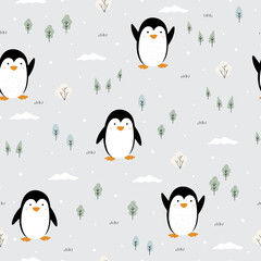 Seamless pattern Penguin standing in the snow and pine tree