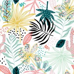 Fototapeta premium Seamless tropical pattern with hand drawn plants, leaves, flowers. Jungle summer background. Perfect for fabric design, wallpaper, apparel. Vector illustration