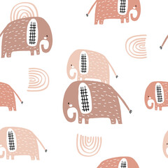 Seamless pattern with cute mom and baby elephant, rainbows. Creative childish texture. Great for fabric, textile Vector Illustration