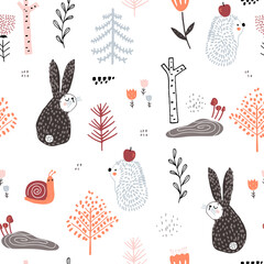 Seamless childish pattern with cute rabbits,hedgehog, snail in the wood. Creative kids forest texture for fabric, wrapping, textile, wallpaper, apparel. Vector illustration © solodkayamari