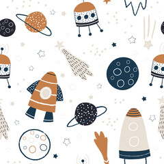 Kinderachtig naadloos patroon met handgetekende ruimteelementen ruimte, raket, ster, planeet, ruimtesonde. Trendy kinderen vector achtergrond.