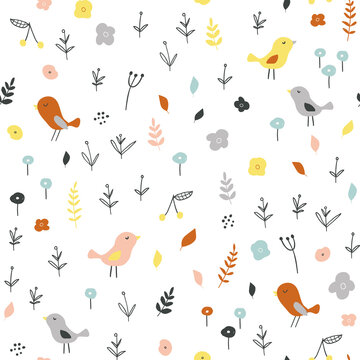 Seamless childish pattern with tiny birds and floral elements. Creative scandinavian style kids texture for fabric, wrapping, textile, wallpaper, apparel. Vector illustration