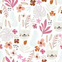 Seamless pattern with bunny faces and floral elements. Creative childish texture. Great for fabric, textile Vector Illustration