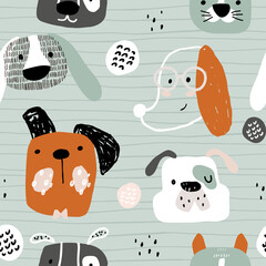 Seamless pattern with cute dog faces, and hand drawn elements. Creative childish texture in scandinavian style. Great for fabric, textile Vector Illustration