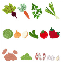 Culinary set. Tomato, sweet pepper, onions, beets, parsley, carrots, greens, potatoes, cabbage. Cartoon style