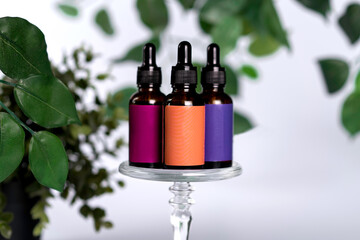 Transparent multi-colored cosmetic glass dropper bottles over green plants on white background. Vials with pipette plastic caps for essential oils, perfumes and skincare substances plased disorderly.