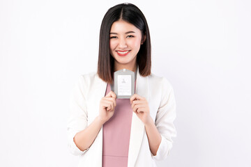 Working Woman with business attire showing her badge