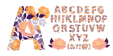 Vector floral alphabet from A to Z. Letters with flowers. Capital characters. Botanical monogram. Orange, cream, coral color peony flowers, blue leaves in the shape of a bold letter. 
