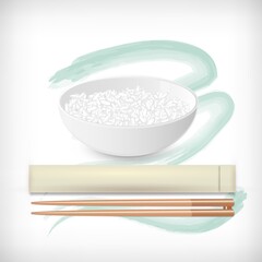 Ceramic bowl with white rice, wooden food chopsticks. Japanese sushi ingredient and chopsticks. Vector rice image.