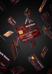 Flying credit cards on a black background