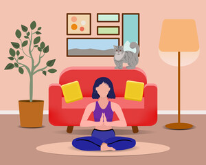 Woman doing yoga at home. The girl is meditating. Rest at home. The interior of the living room