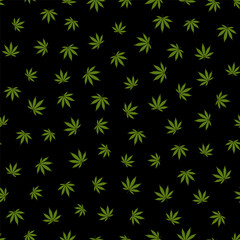 Cannabis seamless pattern. Marijuana leaf, green weed plant. Hashish texture, isolated black background. Hemp psychedelic grass. Fabric print for medical wallpaper. Simple design Vector illustration