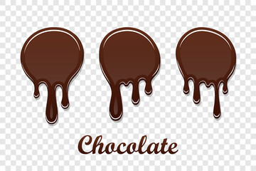 Chocolate drip splash set. Liquid blot isolated white transparent background. Melt dessert spot. 3D realistic design stain element. Food decoration. Milk, dark chocolate splashing. Vector illustration